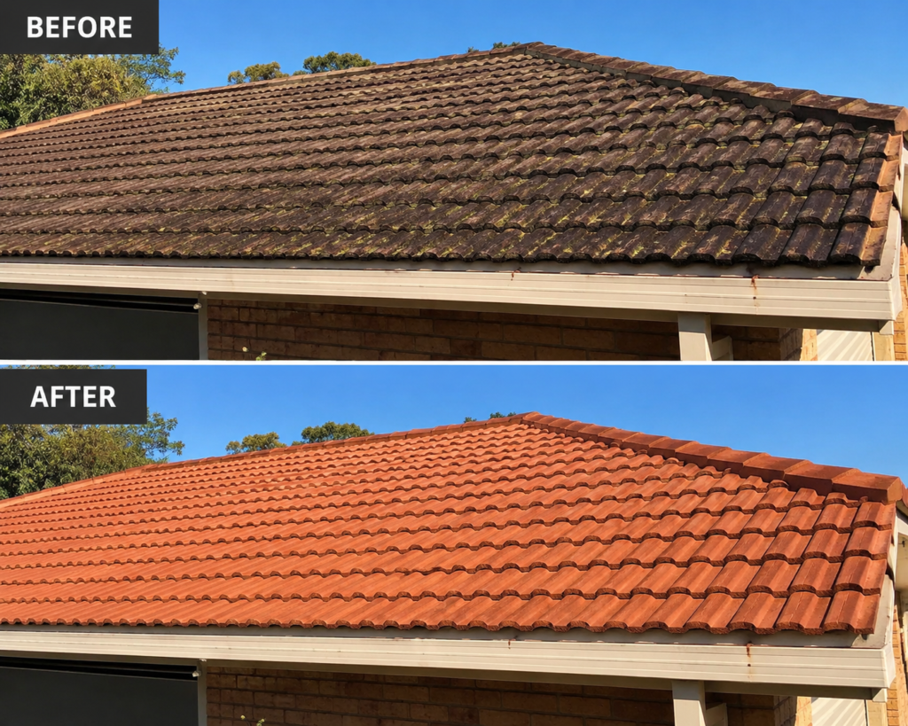 Algae removal from roof with low pressure cleaning